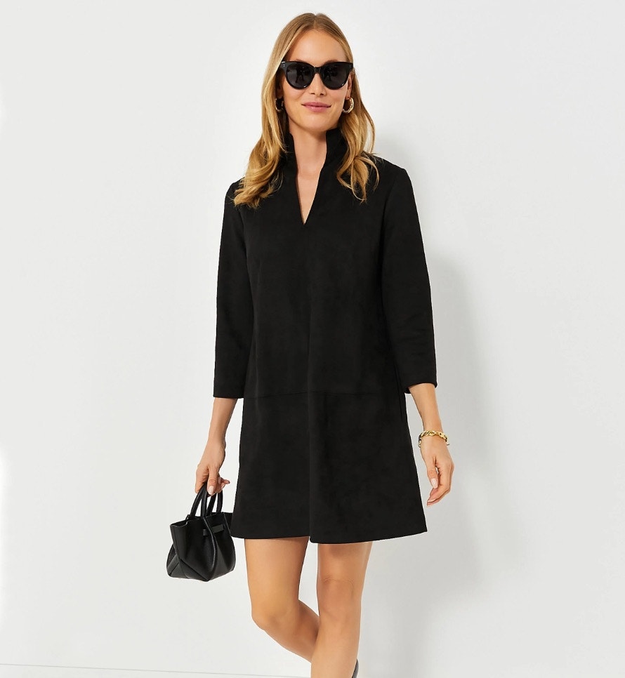 Tuckernuck Clifton Black Faux Suede Stretch Shift Dress Xl V Neck 3/4 Sleeve
